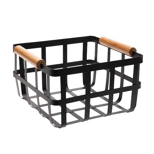 Simplify Small Square Black Metal Basket with Bamboo Handles